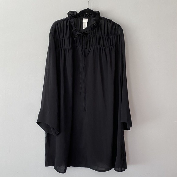 H&M Crinkle Chiffon Black Dress Size Large Oversized Ruffle Tie V neck Blouse - Picture 1 of 11